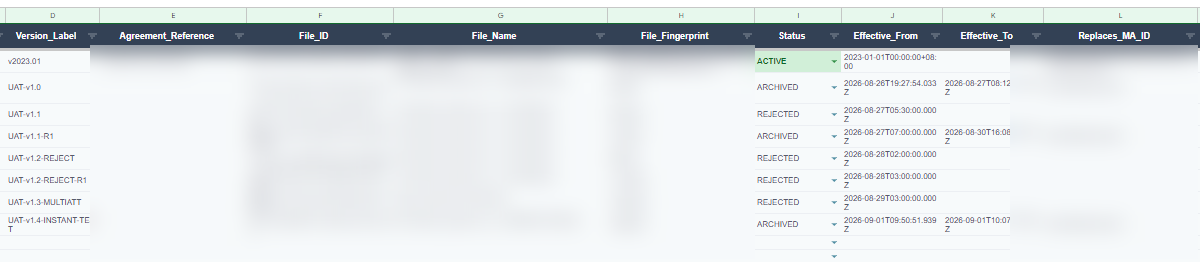 Agreement version registry